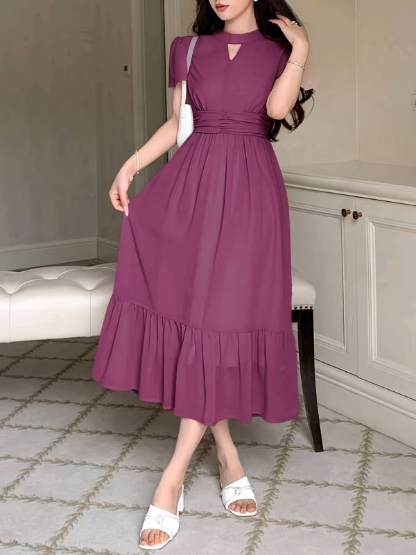 2026 Καλοκαιρινό φόρεμα από chiffon για πάρτι, με στρογγυλό λαιμό, χωρίς μανίκια, ψηλή μέση, τελείωμα σε σχήμα φύλλου λωτού με βολάν
