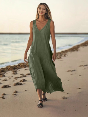 Φόρεμα παραλίας με V-λαιμό, χωρίς μανίκια, μονόχρωμο, από μίγμα βαμβακιού-λινού, σε Α γραμμή