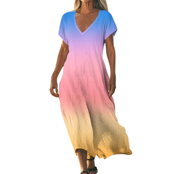 Καλοκαιρινό φόρεμα με μονόχρωμο gradient print, μεγάλο μέγεθος, γυναικείο, στρογγυλός λαιμός, κοντά μανίκια, μακριά φούστα