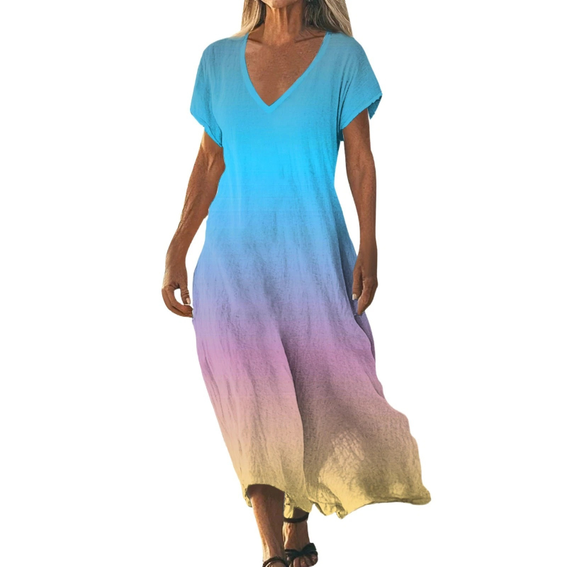 Καλοκαιρινό φόρεμα με μονόχρωμο gradient print, μεγάλο μέγεθος, γυναικείο, στρογγυλός λαιμός, κοντά μανίκια, μακριά φούστα
