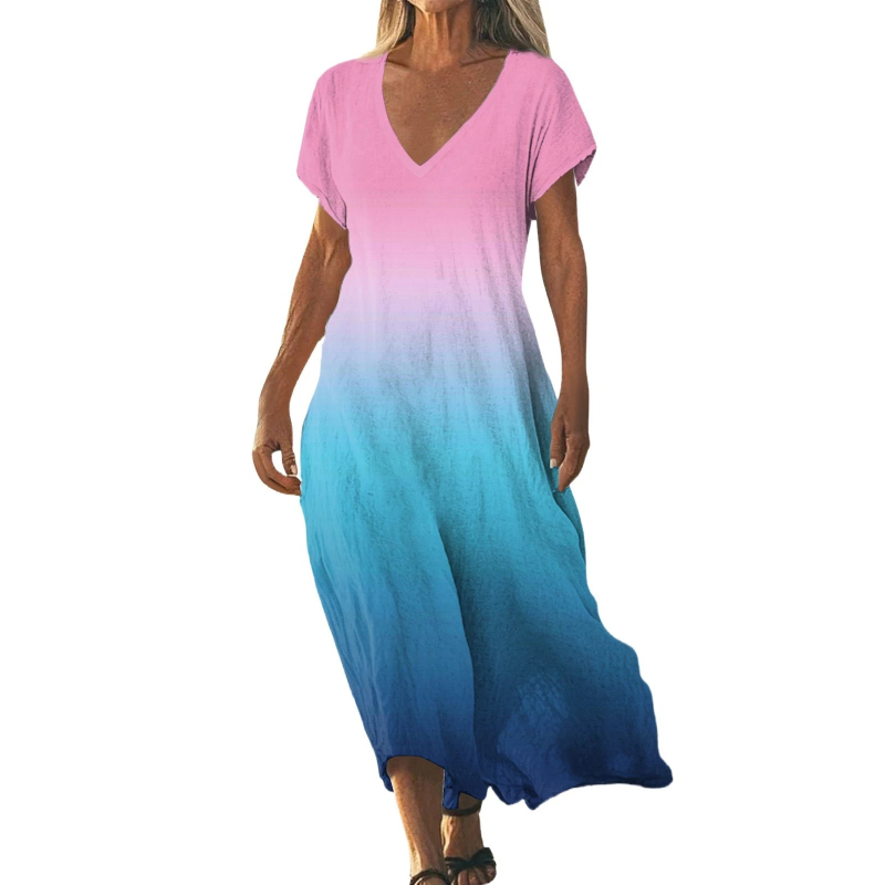 Καλοκαιρινό φόρεμα με μονόχρωμο gradient print, μεγάλο μέγεθος, γυναικείο, στρογγυλός λαιμός, κοντά μανίκια, μακριά φούστα