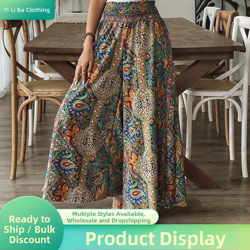 Boho culotte nohavice s vysokým pásom a širokým strihom, s potlačou, letné casual nohavice
