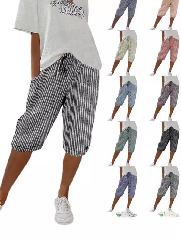 Γυναικείοι ριγέ casual σορτς με ελαστική μέση, άνετη γραμμή, καλοκαίρι 2024, πολυεστέρας