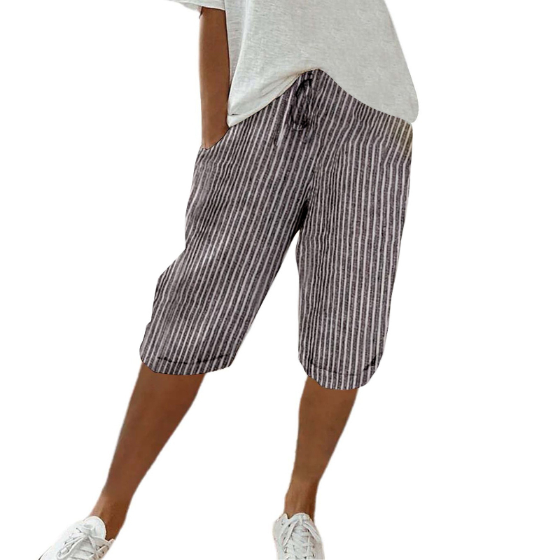 Γυναικείοι ριγέ casual σορτς με ελαστική μέση, άνετη γραμμή, καλοκαίρι 2024, πολυεστέρας