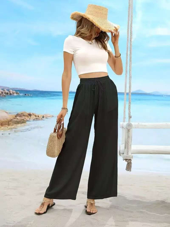 Γυναικείοι παντελόνες Plus Size για καλοκαίρι, ψηλή μέση, άνετη φαρδιά γραμμή, μονόχρωμες, ελαστική μέση με κορδόνι