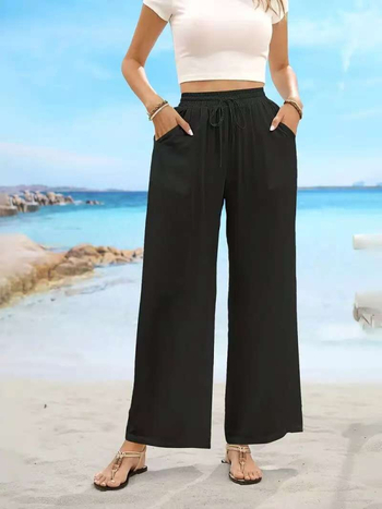 Γυναικείοι παντελόνες Plus Size για καλοκαίρι, ψηλή μέση, άνετη φαρδιά γραμμή, μονόχρωμες, ελαστική μέση με κορδόνι