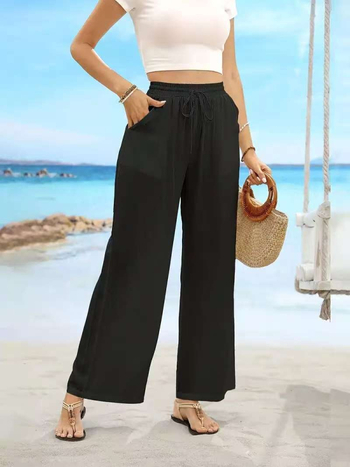 Γυναικείοι παντελόνες Plus Size για καλοκαίρι, ψηλή μέση, άνετη φαρδιά γραμμή, μονόχρωμες, ελαστική μέση με κορδόνι