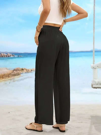 Γυναικείοι παντελόνες Plus Size για καλοκαίρι, ψηλή μέση, άνετη φαρδιά γραμμή, μονόχρωμες, ελαστική μέση με κορδόνι