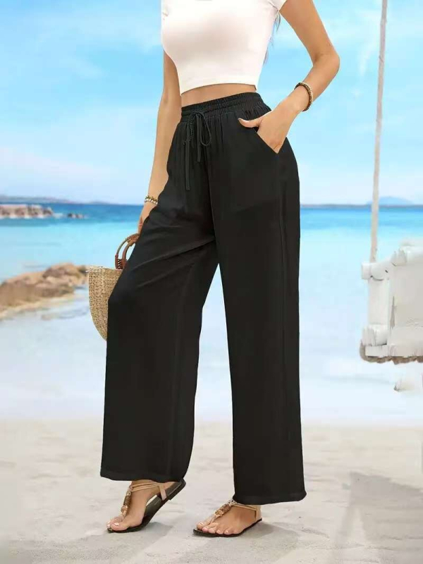 Γυναικείοι παντελόνες Plus Size για καλοκαίρι, ψηλή μέση, άνετη φαρδιά γραμμή, μονόχρωμες, ελαστική μέση με κορδόνι