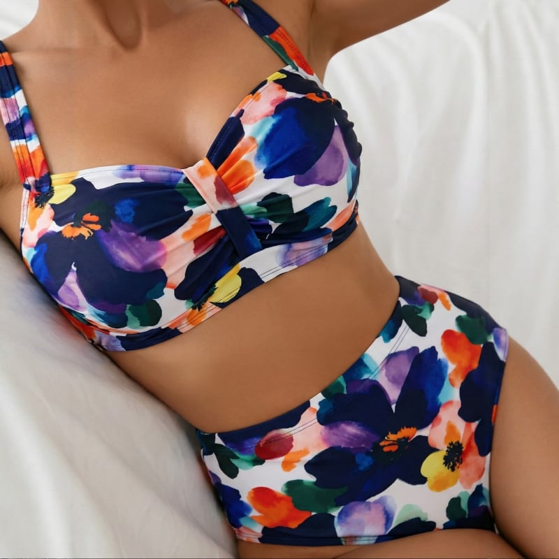 2026 γυναικείο τανκίνι με floral print, βαθύ V, τιράντες, δύο τεμάχια, υψηλή μέση