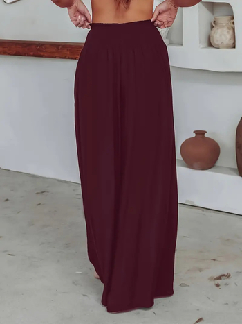 Γυναικείες βαμβακερές παντελόνες τύπου wide-leg με ελαστική μέση και τσέπες, casual μακριά παντελόνια, άνοιξη-καλοκαίρι