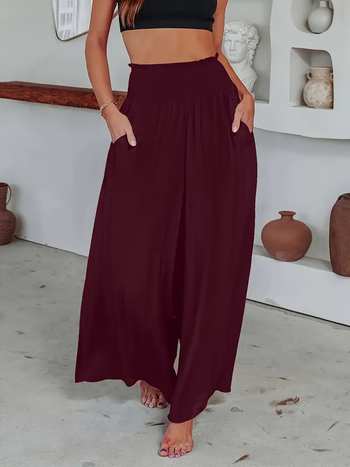 Γυναικείες βαμβακερές παντελόνες τύπου wide-leg με ελαστική μέση και τσέπες, casual μακριά παντελόνια, άνοιξη-καλοκαίρι