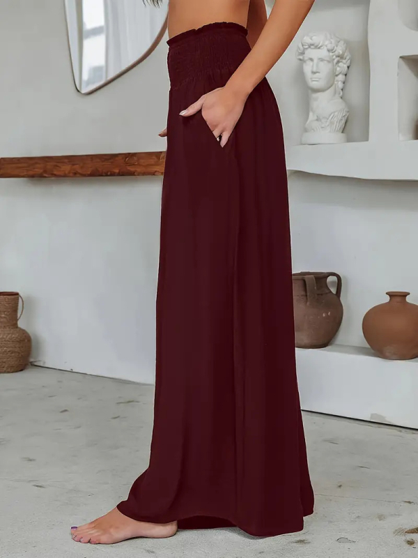 Γυναικείες βαμβακερές παντελόνες τύπου wide-leg με ελαστική μέση και τσέπες, casual μακριά παντελόνια, άνοιξη-καλοκαίρι
