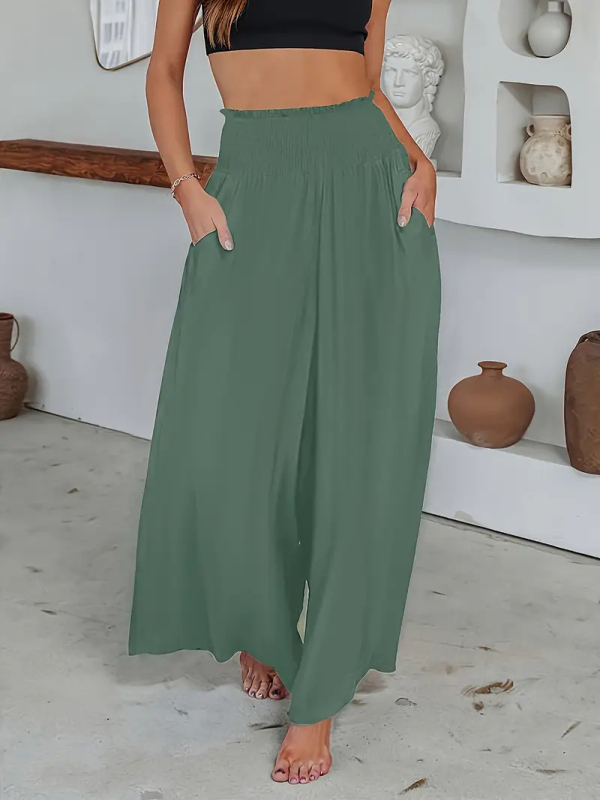 Γυναικείες βαμβακερές παντελόνες τύπου wide-leg με ελαστική μέση και τσέπες, casual μακριά παντελόνια, άνοιξη-καλοκαίρι