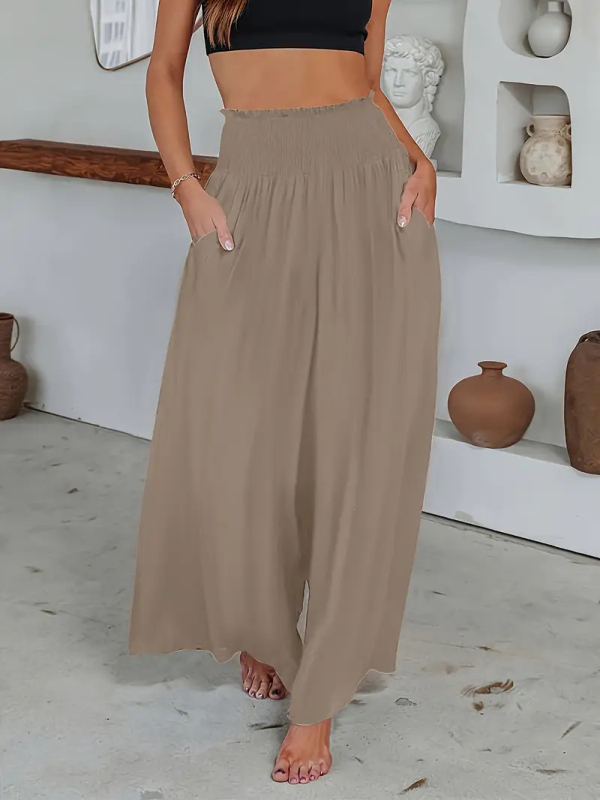 Γυναικείες βαμβακερές παντελόνες τύπου wide-leg με ελαστική μέση και τσέπες, casual μακριά παντελόνια, άνοιξη-καλοκαίρι