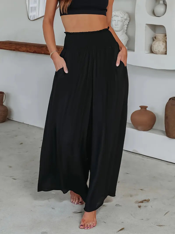Γυναικείες βαμβακερές παντελόνες τύπου wide-leg με ελαστική μέση και τσέπες, casual μακριά παντελόνια, άνοιξη-καλοκαίρι