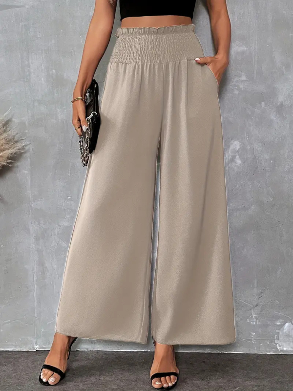 Γυναικείες βαμβακερές παντελόνες τύπου wide-leg με ελαστική μέση και τσέπες, casual μακριά παντελόνια, άνοιξη-καλοκαίρι