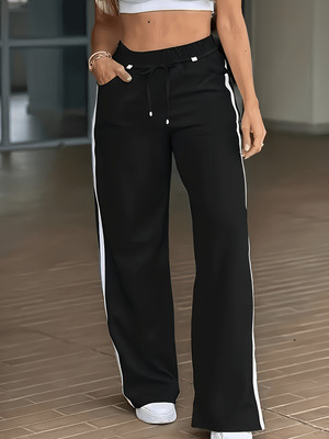 Μαύρες γυναικείες casual φαρδιές παντελόνες για το καλοκαίρι, ψηλή μέση, ελαφρύ ύφασμα, ίσια γραμμή, κορδόνι μέσης, πάνελ λεπτομέρειες με ντραπ, μήκος μέχρι πάτωμα