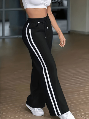 Μαύρες γυναικείες casual φαρδιές παντελόνες για το καλοκαίρι, ψηλή μέση, ελαφρύ ύφασμα, ίσια γραμμή, κορδόνι μέσης, πάνελ λεπτομέρειες με ντραπ, μήκος μέχρι πάτωμα