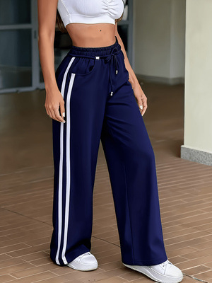 Μαύρες γυναικείες casual φαρδιές παντελόνες για το καλοκαίρι, ψηλή μέση, ελαφρύ ύφασμα, ίσια γραμμή, κορδόνι μέσης, πάνελ λεπτομέρειες με ντραπ, μήκος μέχρι πάτωμα