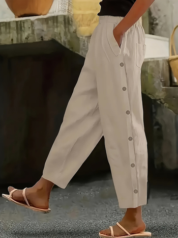 Dámske nohavice s rovnou líniou, cropped dĺžka, elastický pás, voľný strih, polyester-spandex zmes