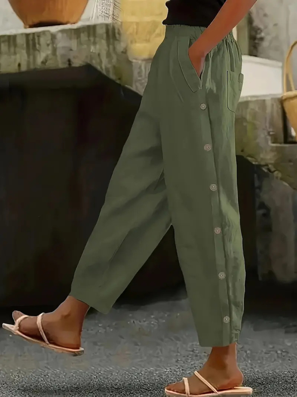 Dámske nohavice s rovnou líniou, cropped dĺžka, elastický pás, voľný strih, polyester-spandex zmes