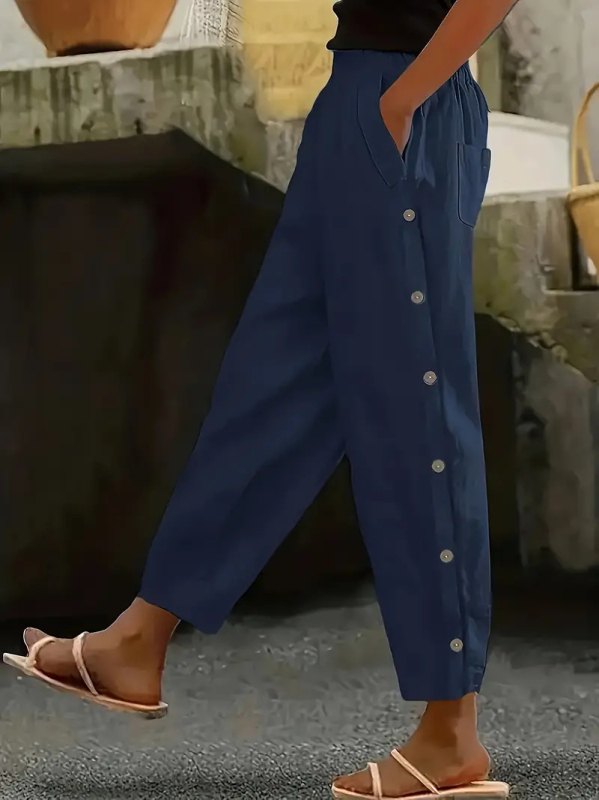 Dámske nohavice s rovnou líniou, cropped dĺžka, elastický pás, voľný strih, polyester-spandex zmes