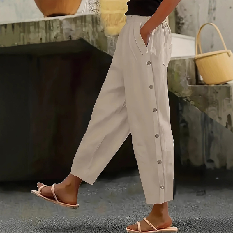 Dámske nohavice s rovnou líniou, cropped dĺžka, elastický pás, voľný strih, polyester-spandex zmes