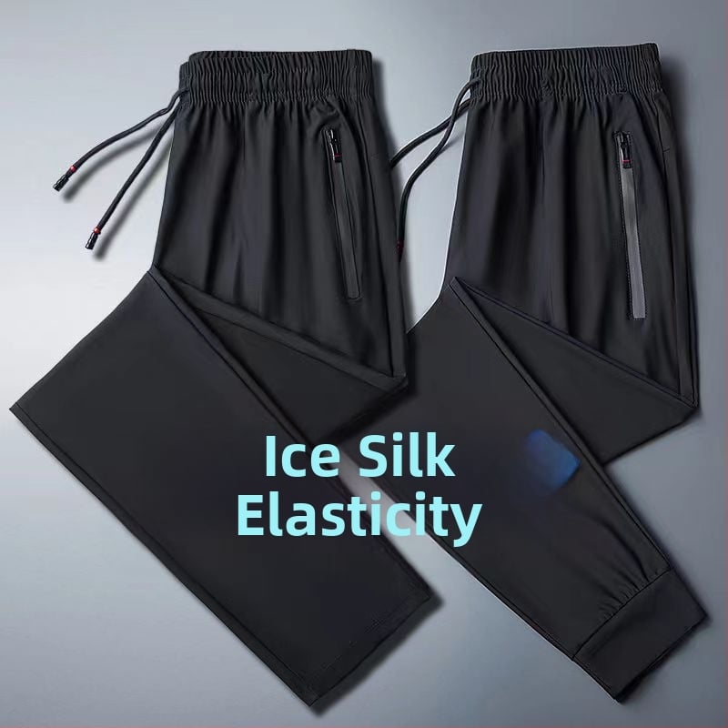 Pánske dlhé športovo-casual nohavice z nylonu Ice Silk, ľahké, rýchloschnúce, elastické, s vreckami na zips a opaskom