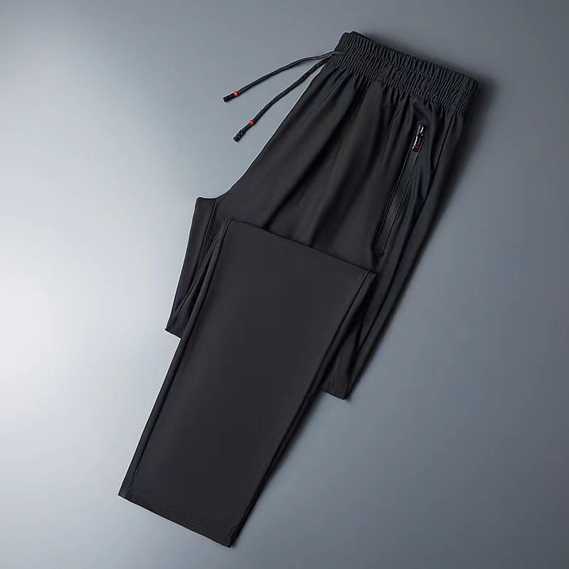 Pánske dlhé športovo-casual nohavice z nylonu Ice Silk, ľahké, rýchloschnúce, elastické, s vreckami na zips a opaskom