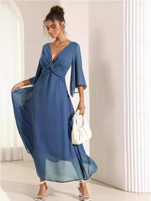 Μακρύ φόρεμα chiffon σε μονόχρωμο χρώμα, V-λαιμό, μανίκια τύπου φτερού