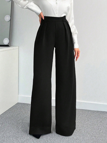 Dámske nohavice s vysokým pásom a širokými nohami po zem, dlhé, jednofarebné, elegantné do práce.
