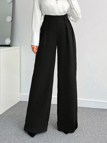 Dámske nohavice s vysokým pásom a širokými nohami po zem, dlhé, jednofarebné, elegantné do práce.