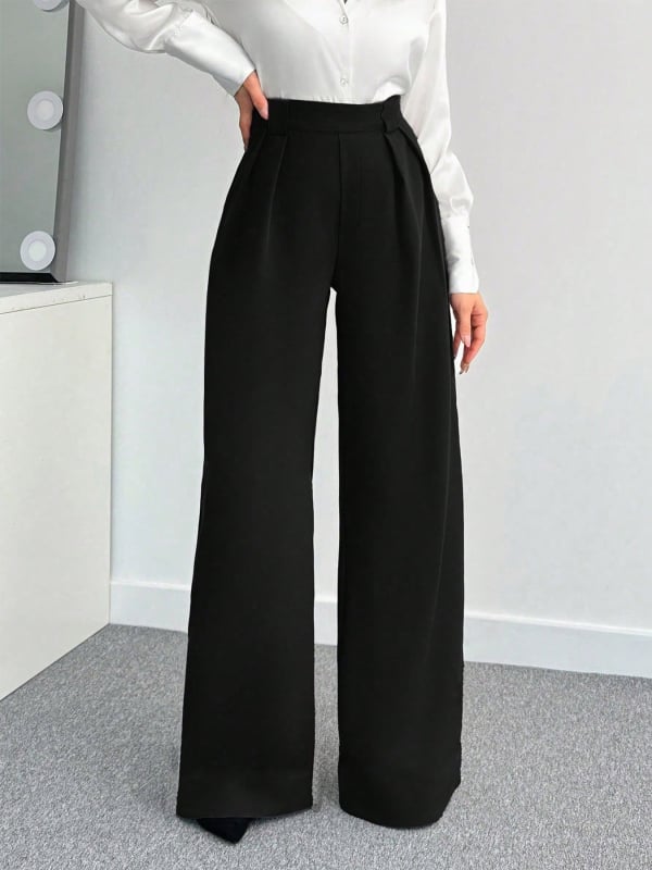 Dámske nohavice s vysokým pásom a širokými nohami po zem, dlhé, jednofarebné, elegantné do práce.