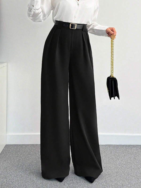 Dámske nohavice s vysokým pásom a širokými nohami po zem, dlhé, jednofarebné, elegantné do práce.