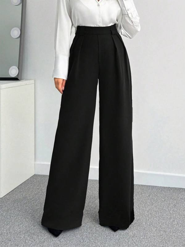 Dámske nohavice s vysokým pásom a širokými nohami po zem, dlhé, jednofarebné, elegantné do práce.
