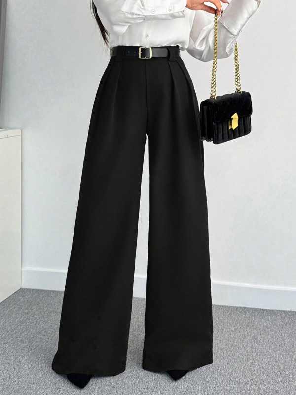 Dámske nohavice s vysokým pásom a širokými nohami po zem, dlhé, jednofarebné, elegantné do práce.