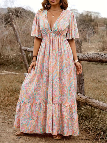 Rochie lungă pentru femei cu decolteu în V, Paisley imprimeu, stil boem, eleganță retro