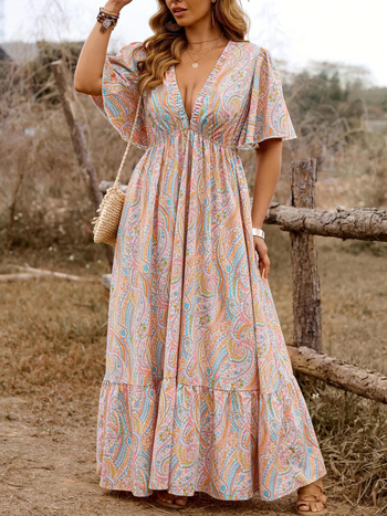 Rochie lungă pentru femei cu decolteu în V, Paisley imprimeu, stil boem, eleganță retro