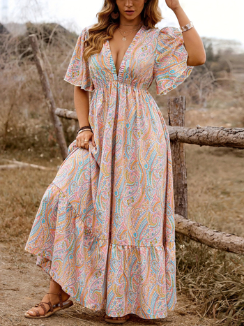 Rochie lungă pentru femei cu decolteu în V, Paisley imprimeu, stil boem, eleganță retro