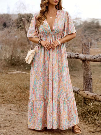 Rochie lungă pentru femei cu decolteu în V, Paisley imprimeu, stil boem, eleganță retro