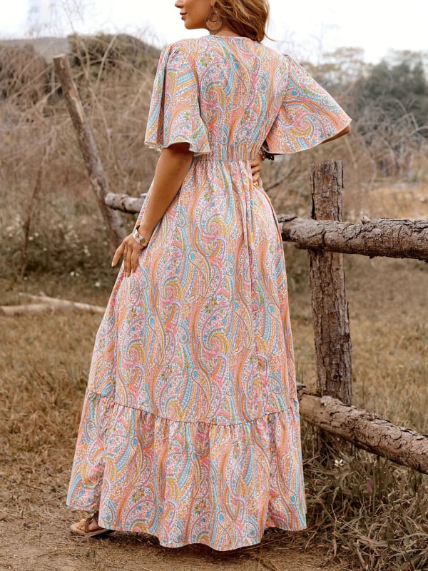 Rochie lungă pentru femei cu decolteu în V, Paisley imprimeu, stil boem, eleganță retro