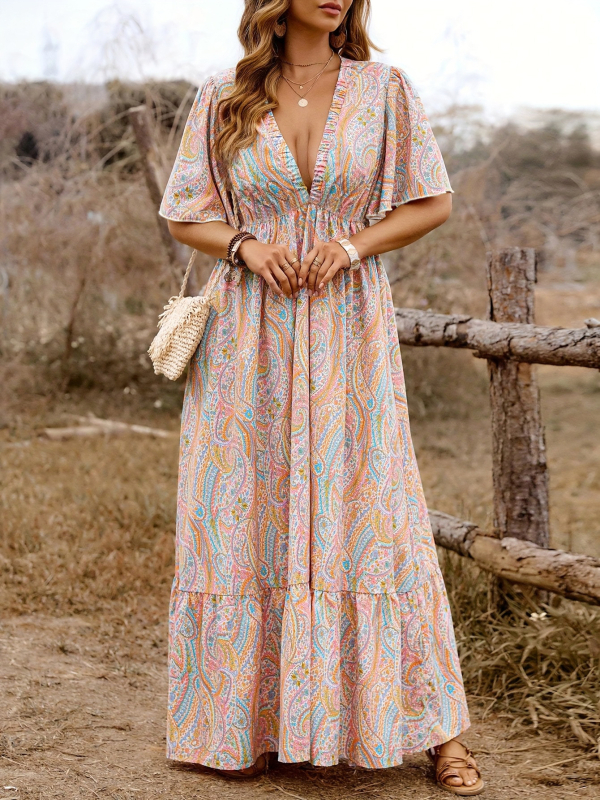 Rochie lungă pentru femei cu decolteu în V, Paisley imprimeu, stil boem, eleganță retro