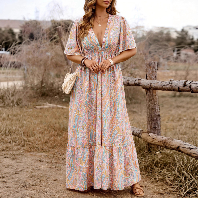 Rochie lungă pentru femei cu decolteu în V, Paisley imprimeu, stil boem, eleganță retro