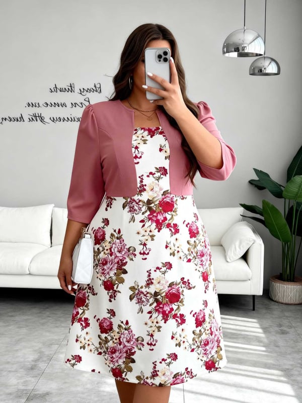 Rochie florală pentru femei, primăvară, stil franțuzesc, elegantă, croială în A-line ce subțiază silueta, mâneci bufante și set cardigan.