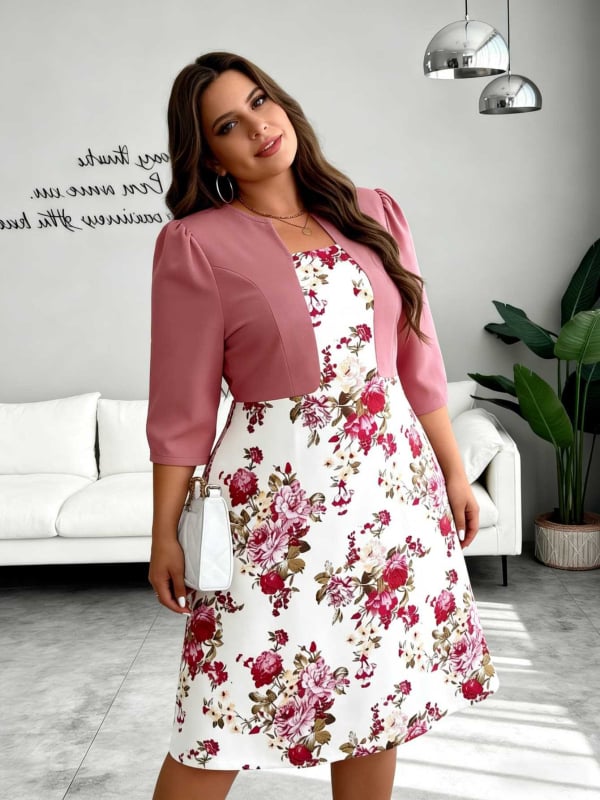Rochie florală pentru femei, primăvară, stil franțuzesc, elegantă, croială în A-line ce subțiază silueta, mâneci bufante și set cardigan.
