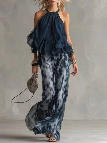 Váll nélküli halter felső és nyomott, széles lábú chiffon nadrágos szett