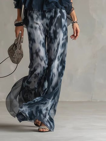 Váll nélküli halter felső és nyomott, széles lábú chiffon nadrágos szett