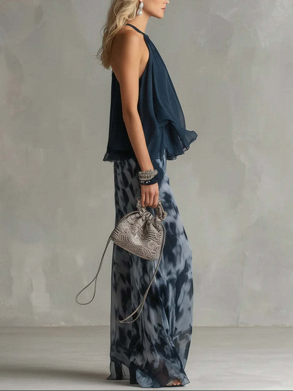 Váll nélküli halter felső és nyomott, széles lábú chiffon nadrágos szett