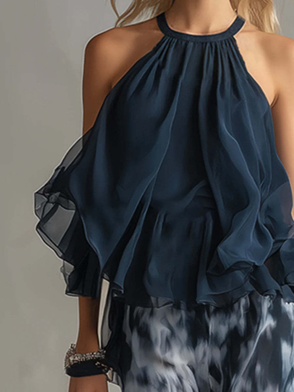Váll nélküli halter felső és nyomott, széles lábú chiffon nadrágos szett